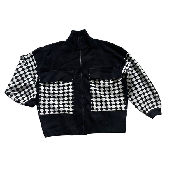 More In Love Womens Black & White Checkered Sleeve Zip-Up Sweatshirt Jacket S - Picture 1 of 7